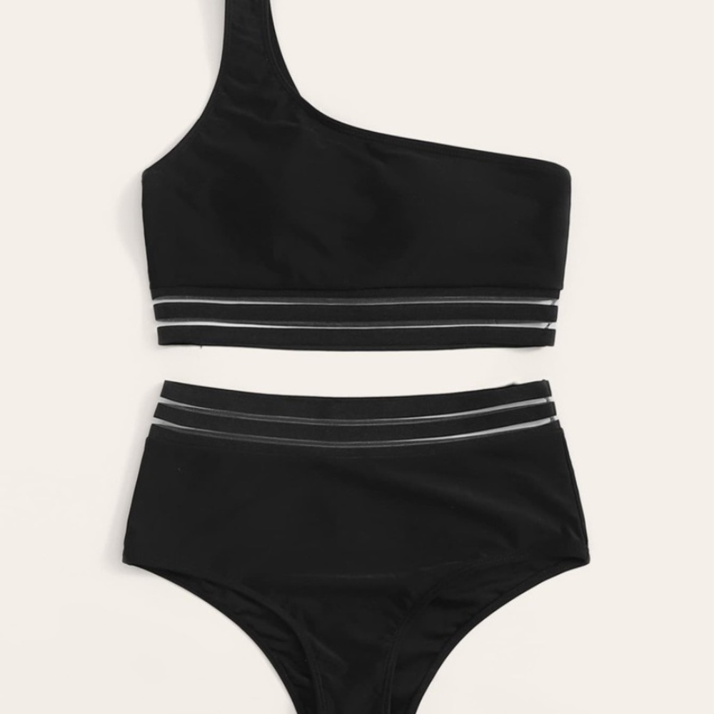 ONE SHOULDER & HIGH WAISTED black bikini set